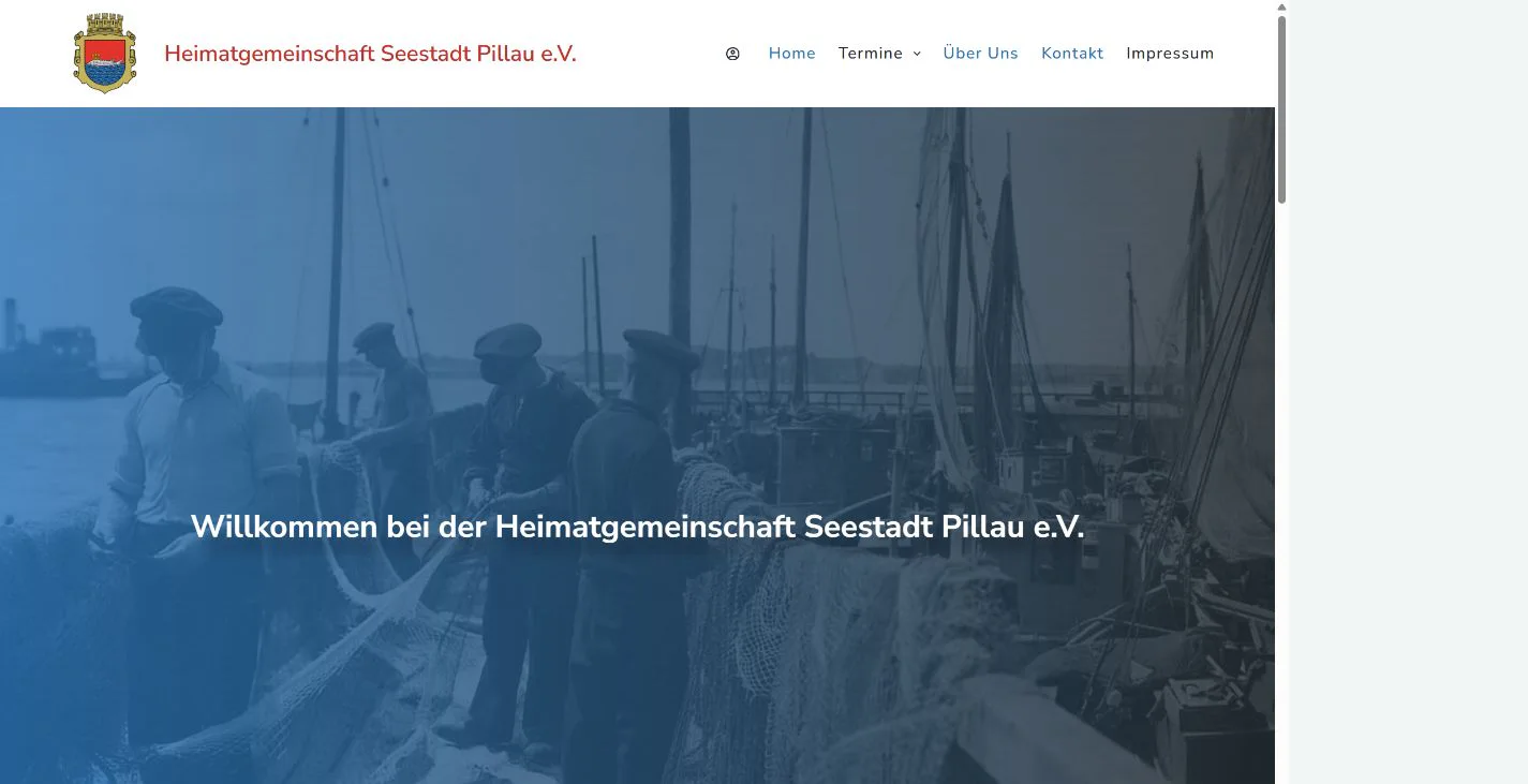 Startseite der Heimatgemeinschaft Seestadt Pillau mit historischem Hafenmotiv