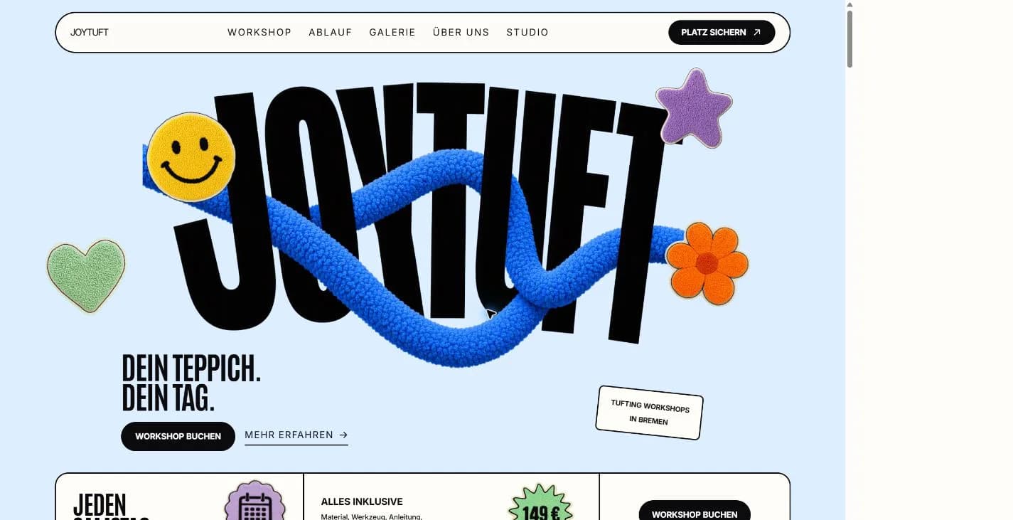 Joytuft Startseite mit markanter Typografie, Tuft-Garn und Workshop-Aufruf