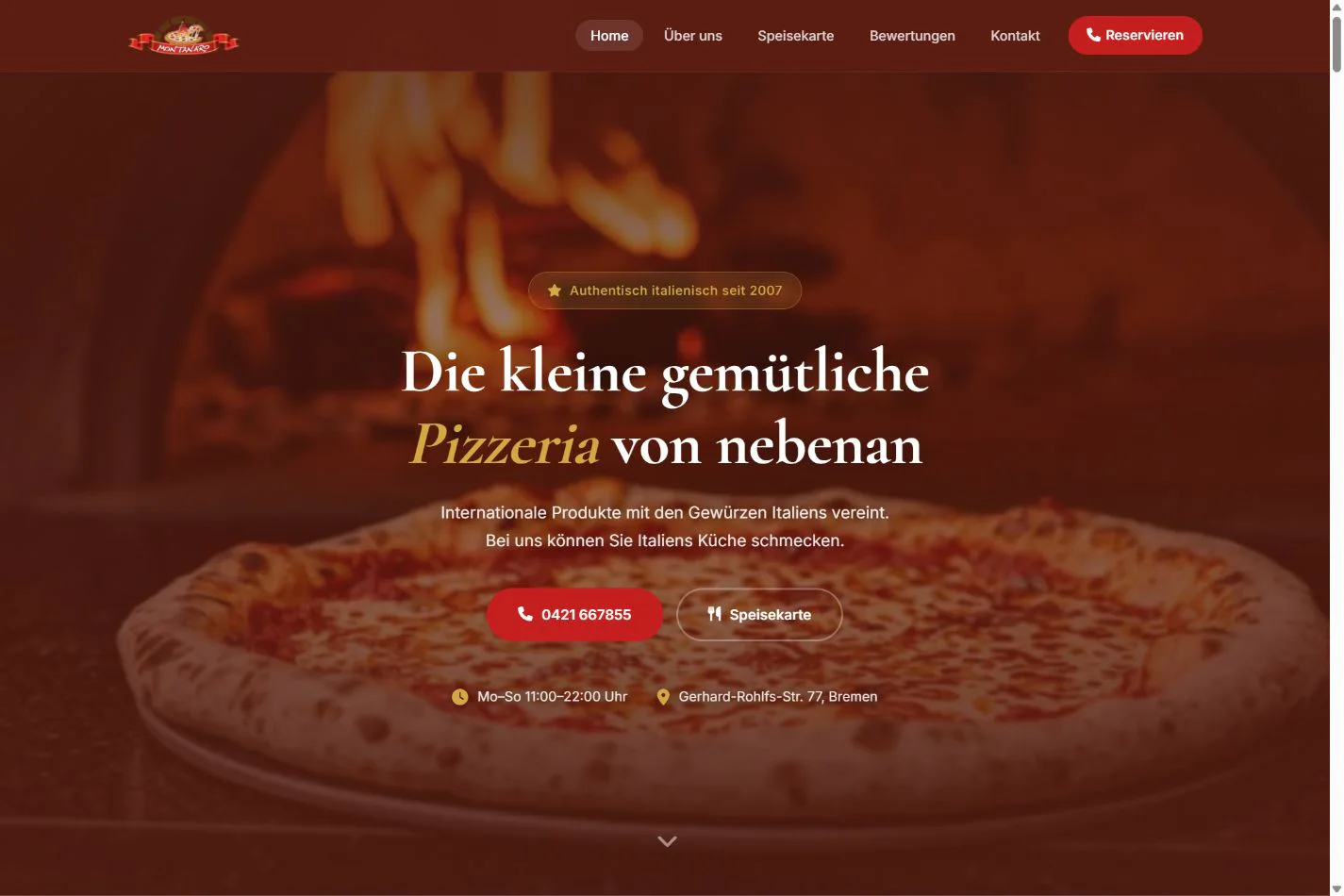 Startseite des Montanaro Restaurants mit Steinofenpizza und Reservierungsoption